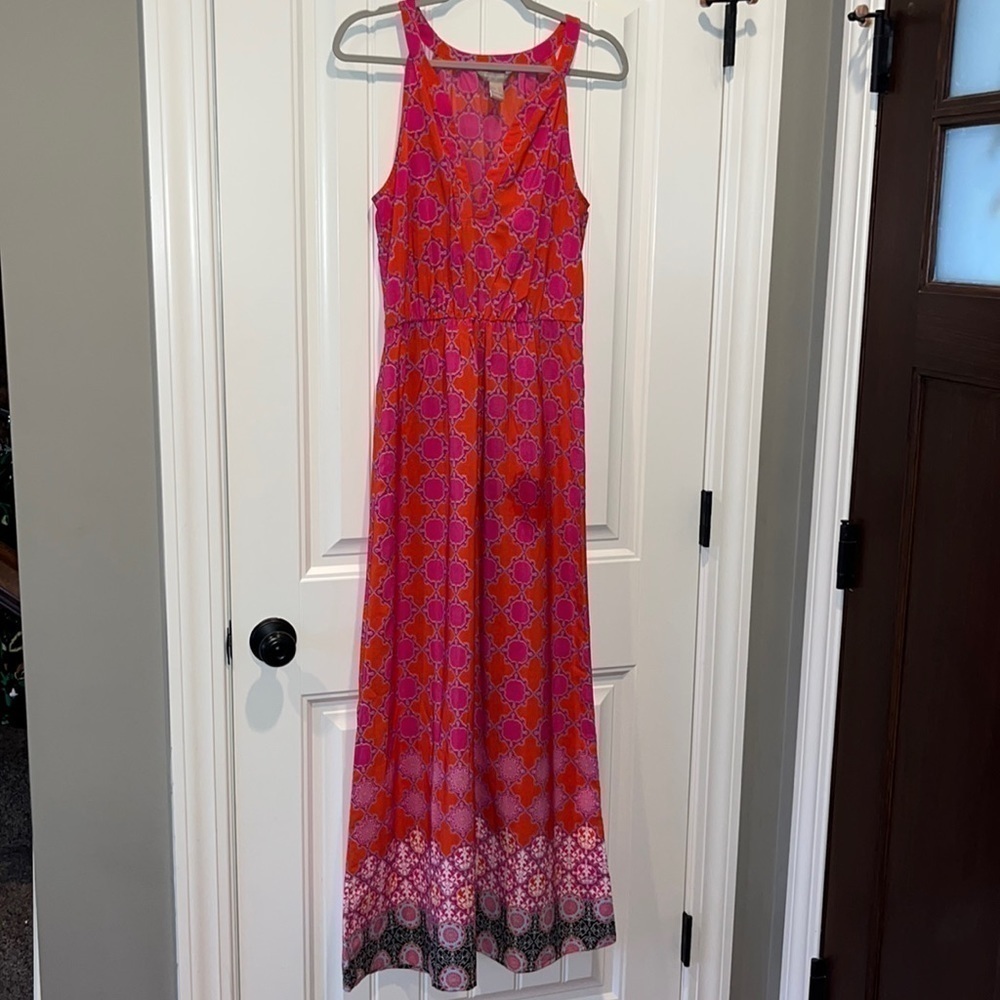 Banana republic factory beautiful bold bright orange pink geometric maxi dress 6